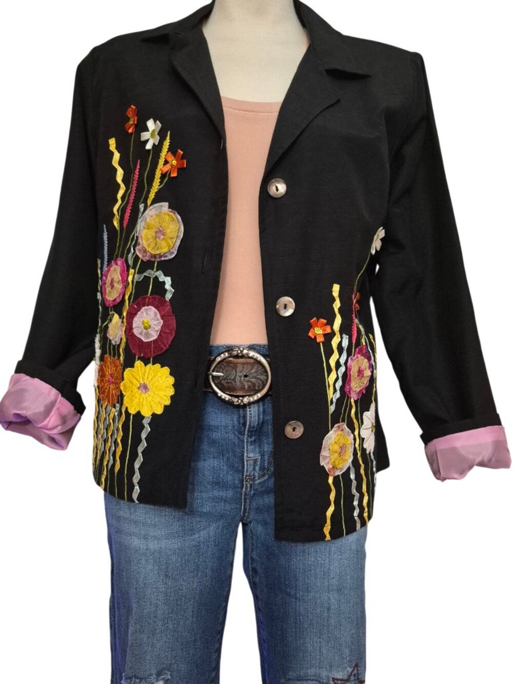 Indigo Moon Vintage Black Floral Embroidered Appliqué Creative Blazer Jacket S‎